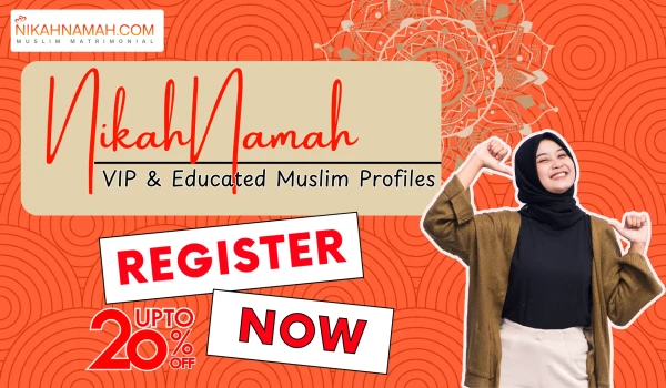 Banner promoting NikahNamah.com — VIP & Educated Muslim Profiles. Features a smiling Muslim woman in hijab pointing towards “Register Now” text with an offer of up to 20% off. The background has elegant orange mandala patterns highlighting the premium Muslim matrimonial service.