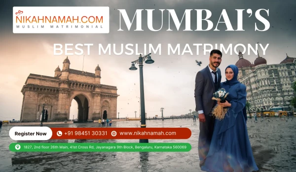 Muslim couple in wedding attire at the Gateway of India, representing Mumbai's best Muslim matrimony services by Nikahnamah.com.