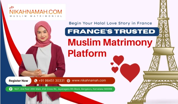 Muslim woman in hijab holding a laptop, promoting Nikahnamah.com – France’s trusted Muslim matrimony platform. Includes Eiffel Tower, heart icons, and contact details for halal matchmaking services in France.