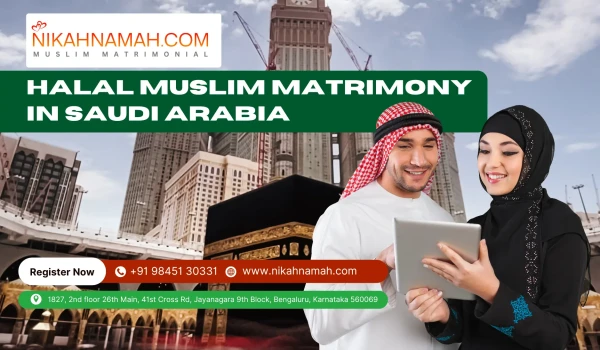 Halal Muslim Matrimony in Saudi Arabia banner by NikahNamah featuring a happy Muslim couple using a tablet, with Kaaba and Mecca city skyline in the background. Includes contact number, registration button, and company address.