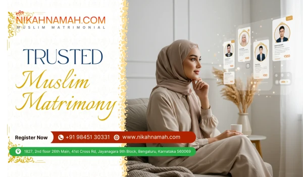 A modern Muslim woman in hijab thoughtfully browsing groom profiles on a large digital screen, showing details like lifestyle, profession, and income — representing the concept of finding a compatible Muslim partner based on lifestyle and income.