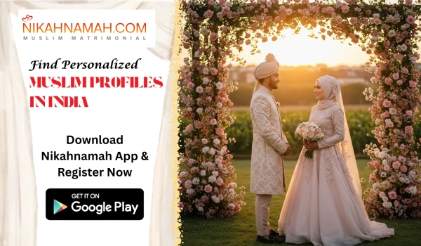 Muslim bride and groom outdoors during sunset, bride in elegant hijab and modest wedding dress, groom in sherwani, sharing a loving gaze in a garden setting with golden light, symbolizing a blessed Nikah and halal marriage
