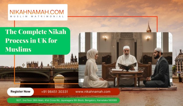 Complete Nikah process in the UK for Muslims showing an Islamic nikah ceremony with imam, bride and groom, and UK landmark background