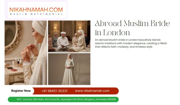 Abroad Muslim bride in London wearing a modest hijab and elegant bridal dress during an Islamic Nikah ceremony