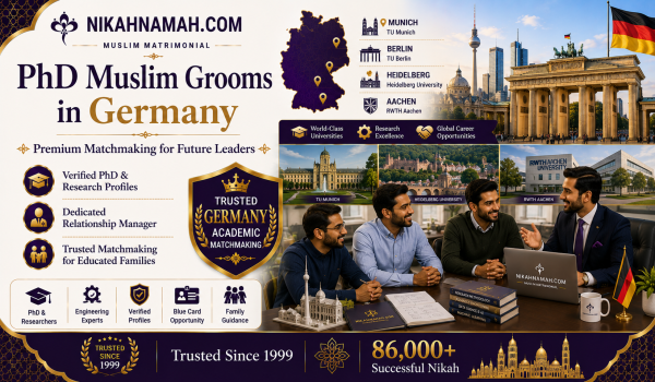 Premium matrimony services for PhD Muslim grooms in Germany helping verified doctoral researchers and engineering professionals find compatible Muslim brides through personalized matchmaking, dedicated relationship managers, and trusted Nikah guidance across Munich, Berlin, Heidelberg, Aachen, and Germany.