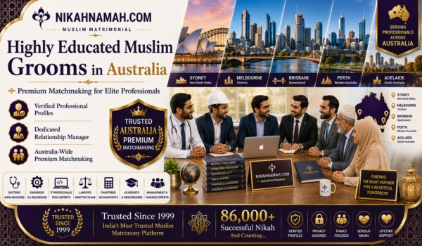 Highly educated Muslim grooms in Australia including doctors, engineers, IT professionals, lawyers, accountants, and academics finding verified premium Muslim matchmaking through dedicated relationship managers across Sydney, Melbourne, Brisbane, Perth, Adelaide, and Australia.