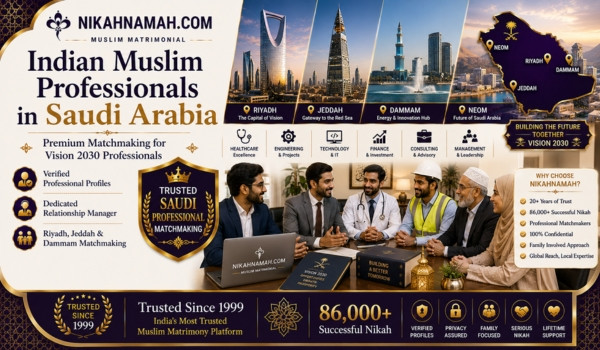 Indian Muslim professionals in Saudi Arabia finding verified Muslim brides and grooms through premium matchmaking, dedicated relationship managers, and trusted Nikah services for doctors, engineers, consultants, IT professionals, and finance experts across Riyadh, Jeddah, Dammam, NEOM, and Saudi Arabia.