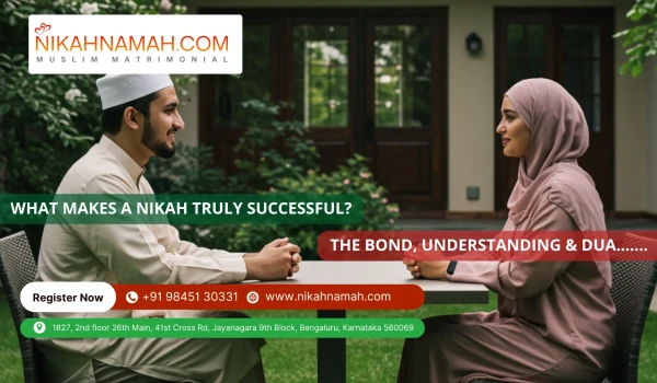 Muslim couple sitting together discussing marriage in a peaceful garden setting – NikahNamah blog on successful Nikah with Islamic values