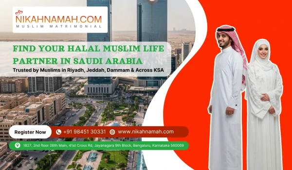 Halal Muslim Matrimony in Saudi Arabia – Nikahnamah.com Muslim marriage services trusted in Riyadh, Jeddah, and Dammam. Image features a traditional Saudi Muslim groom and bride in white attire with city skyline background and contact details for registration.