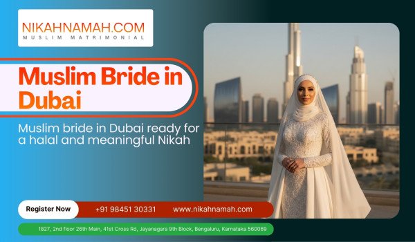 Muslim bride in Dubai wearing modest Islamic bridal attire with Burj Khalifa skyline, Nikahnamah Muslim matrimonial
