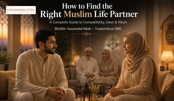 Muslim couple meeting for marriage in warm family setting with parents in background and Islamic interior
