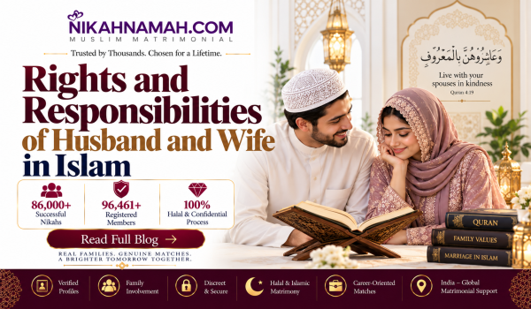 Rights and responsibilities of husband and wife in Islam, highlighting mutual respect, kindness, shared family values, financial rights, halal marriage, and Islamic guidance from the Quran, featuring a Muslim couple reading the Quran together.